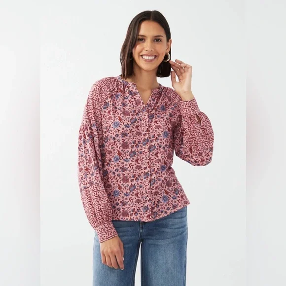 Boden Floral Printed Pink Jersey Blouse Long Ballon Sleeve Boho Button Up Top - Picture 1 of 9